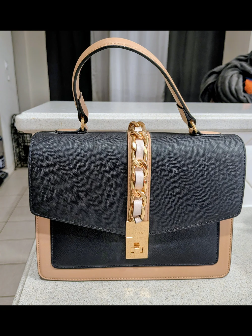 AldoTwo-Tone Black and Beige Top-Handle Satchel